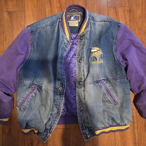 Men's Vintage Starter Minnesota Vikings Denim Varsity Jacket - Size MEDIUM